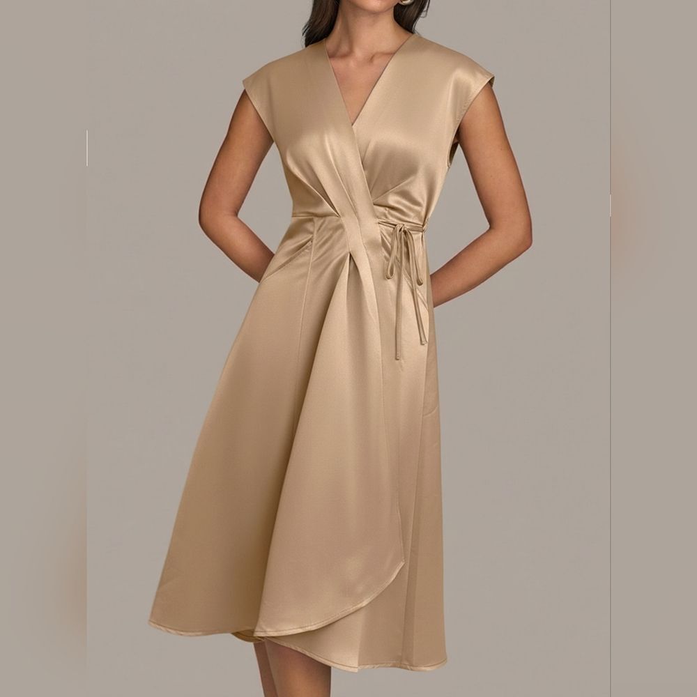 Women's Lightweight Summer Satin Wrap Midi Dress in Gold Champagne
